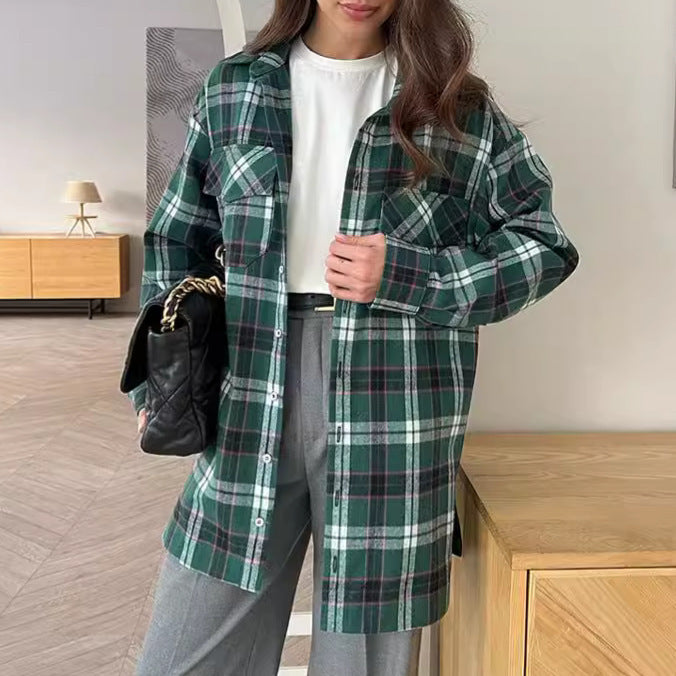 Fashion Green Plaid Shirt Cardigan Design Ladies