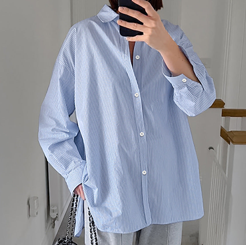 Blue Striped Long-sleeved Shirt Fashionable Women's Design