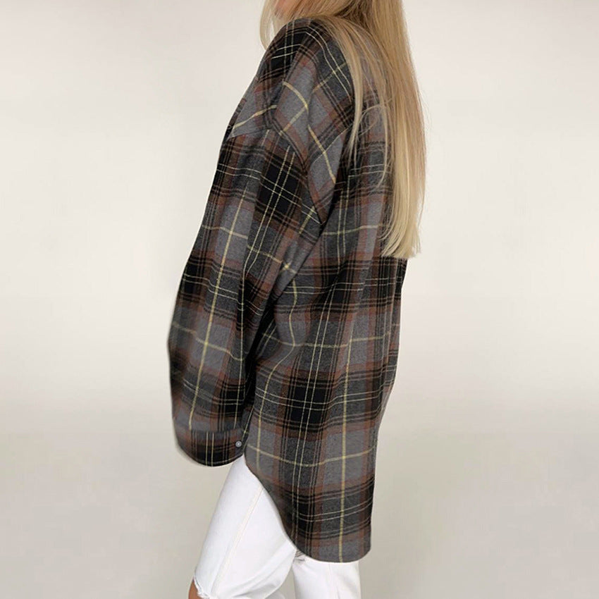 Women's Plaid Long-sleeved Shirt Fashionable Retro Loose