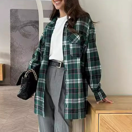 Fashion Green Plaid Shirt Cardigan Design Ladies